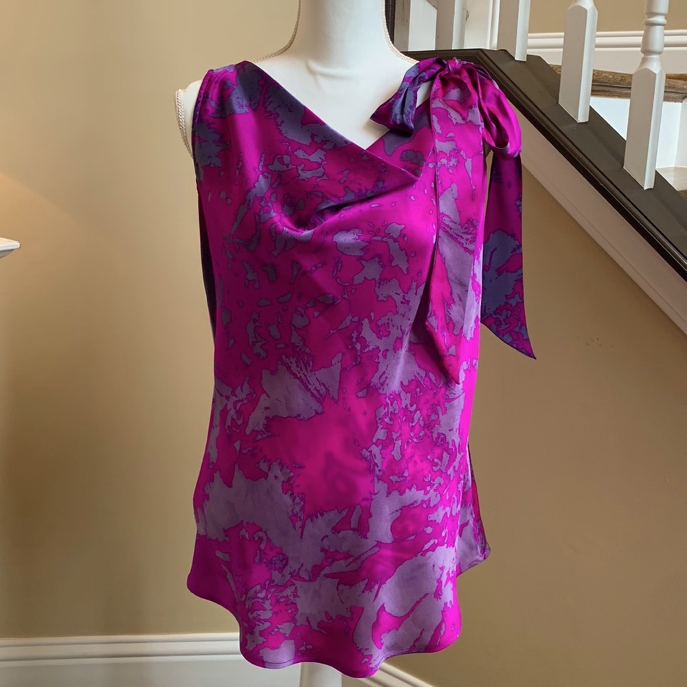 CAbi Dress Blouse 100% Silk fuchsia grey sleeveless